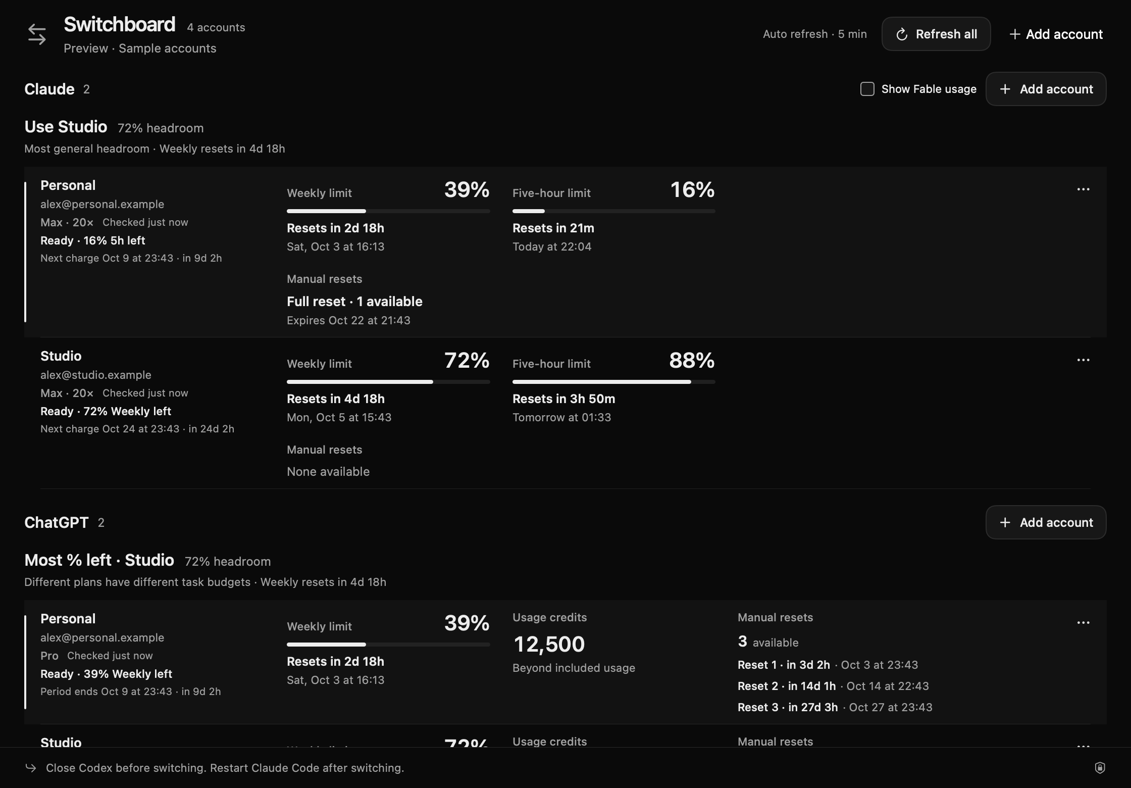 Switchboard in dark mode: Claude and ChatGPT account rows with selected accounts, remaining limits, reset dates, renewal dates, and manual reset credits.